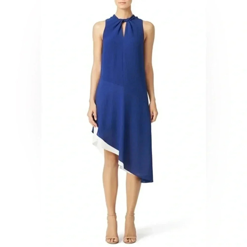 Cynthia Steffe Blue & White Estella Shift Dress Asymmetrical Hem Cocktail Size 6